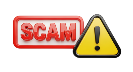 3d illustration of scam warning sign with exclamation mark isolated on transparent background