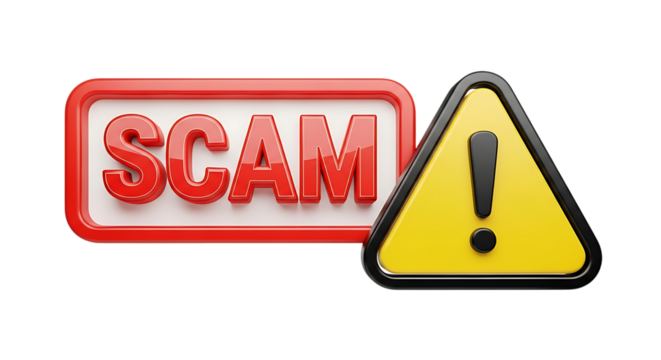 3d illustration of scam warning sign with exclamation mark isolated on transparent background