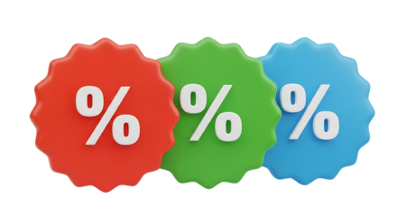 3d illustration of three colorful percentage signs isolated on transparent background