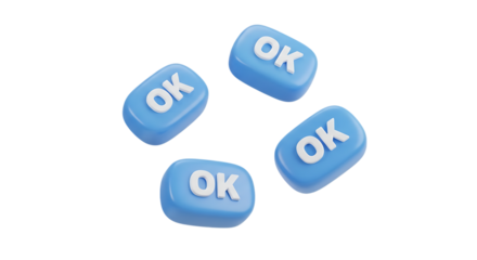 3d illustration of four blue buttons with ok text isolated on transparent background