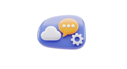 3d illustration of 3d cloud and chat bubble icon with gear, isolated on transparent background