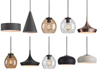 Collection of modern pendant lights with various shapes and materials, isolated on transparent background