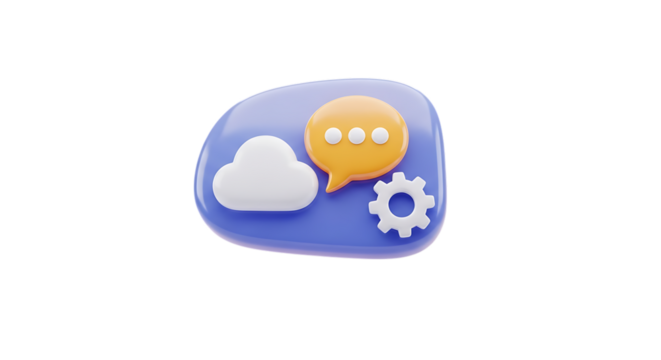 3d illustration of 3d cloud and chat bubble icon with gear, isolated on transparent background