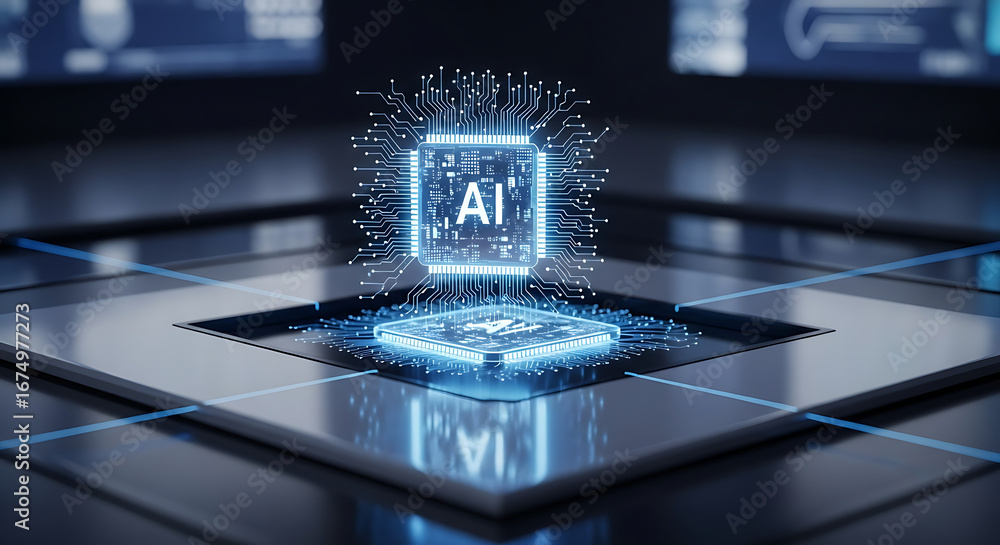 Aufkleber close up of a glowing ai chip with intricate circuit patterns on a dark reflective surface design