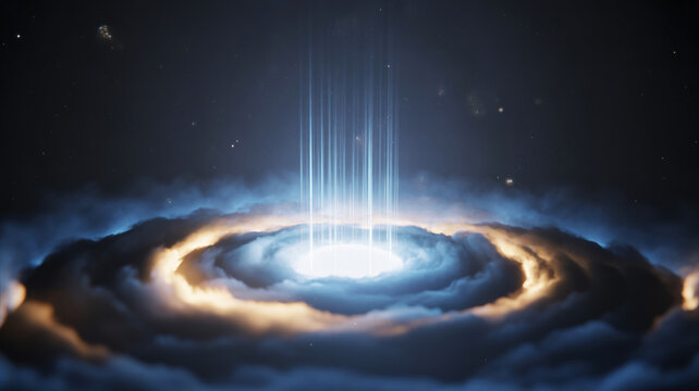 Stunning cosmic portal with glowing energy streams erupting through swirling clouds