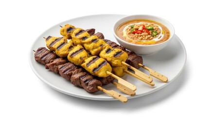Grilled Chicken and Beef Satay Skewers with Peanut Sauce on a White Plate, Isolated.