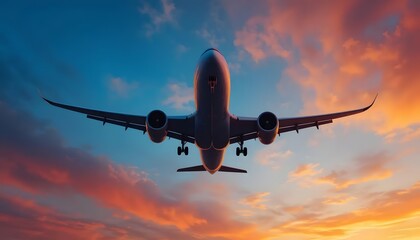 Dramatic airplane soars against stunning sunset sky, perfect for travel ads and aviation industry campaigns