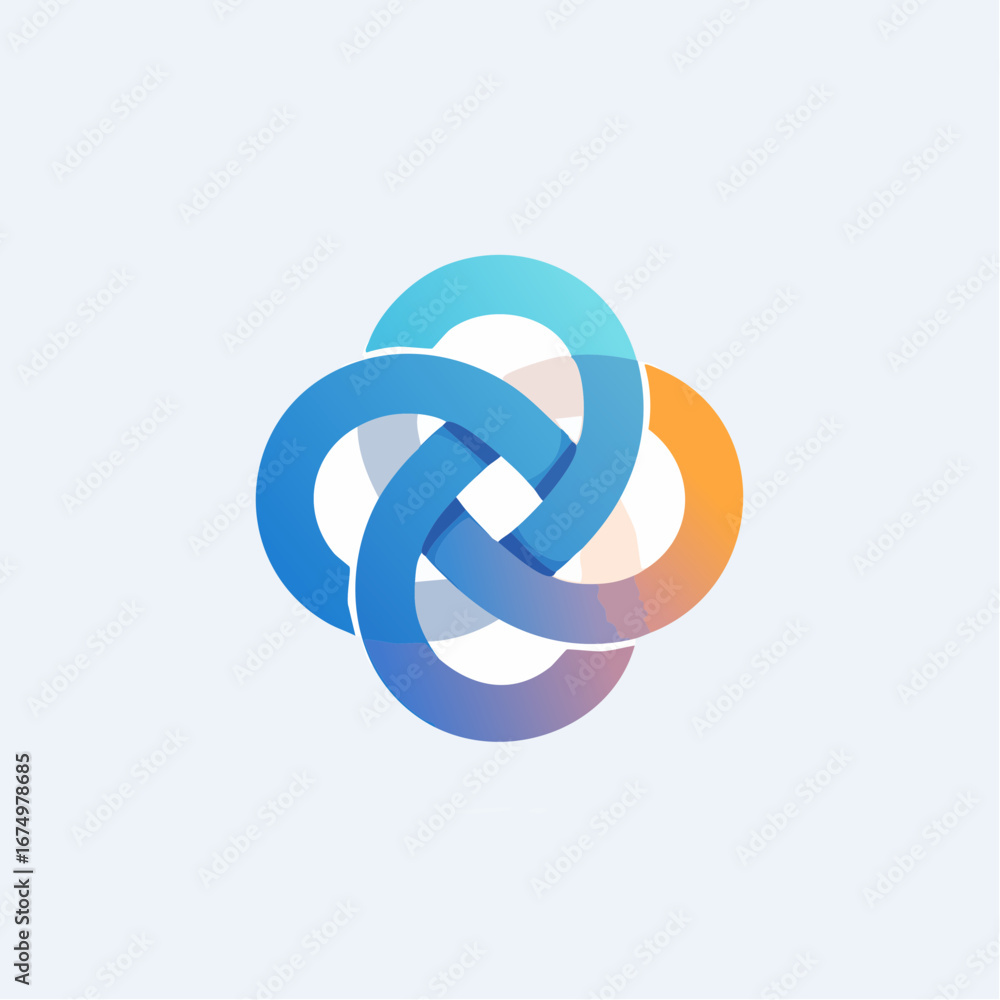 Poster abstract illustration of an interconnected circular knot design with gradient colors on a light back