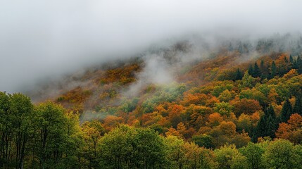 Fototapeta premium Colorful autumn forest hillside enveloped in morning fog