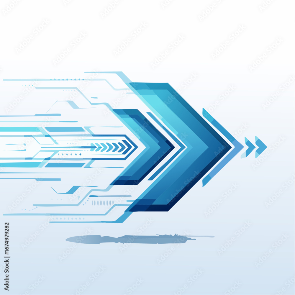 Poster a dynamic abstract representation of forward motion and technological advancement, featuring glowing