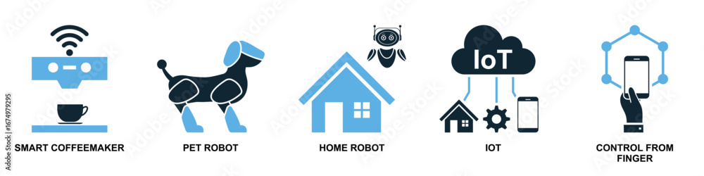 Poster set internet of things icon vector for smart devices, interconnected networks, and data exchange. us