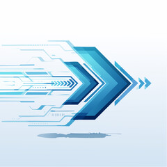 A dynamic abstract representation of forward motion and technological advancement, featuring glowing blue geometric shapes and digital data streams against a...
