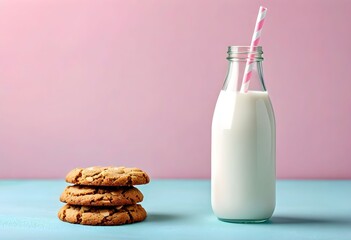 Stack of three cookies next to a glass bottle filled with milk and a striped straw, set against a pink and blue background.