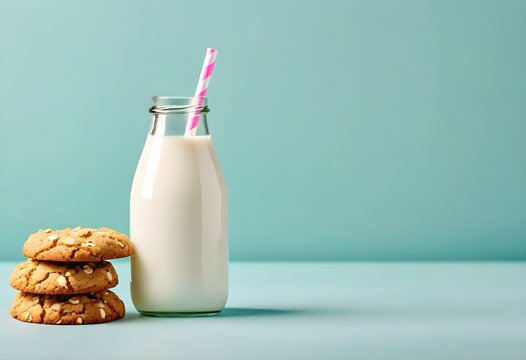 glass bottle, milk bottle, pink straw, glass of milk, chocolate chip cookies, baked goods, food photography, minimalist background, pastel colors
