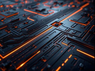 Close-up of futuristic glowing circuit board with orange neon lines, symbolizing advanced technology, digital systems, data flow, and artificial intelligence