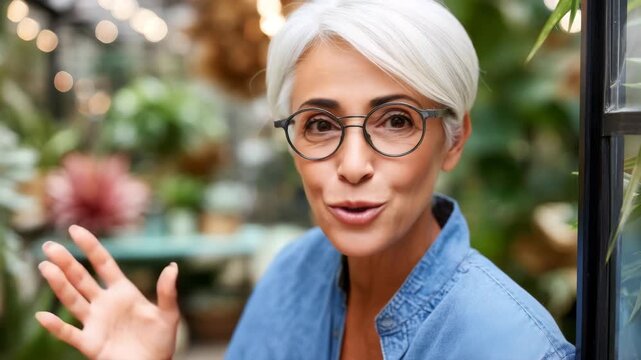 Woman with silver hair smiles in a botanical garden surrounded by lush plants and greenery during daylight hours