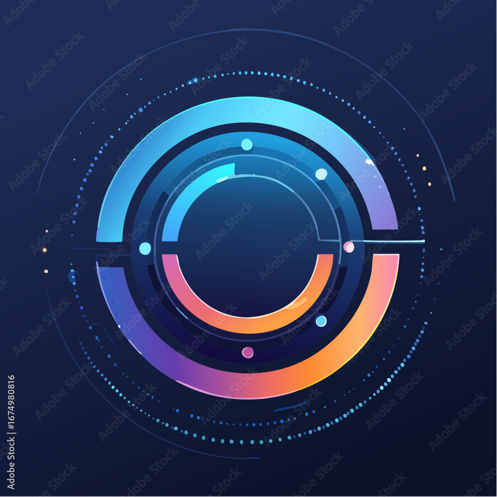 Poster abstract digital illustration of concentric circles and glowing dots on a dark background, represent