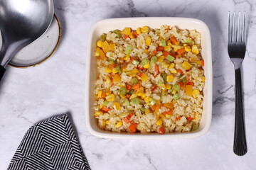 Vegetarian Fried Rice in a square serving dish