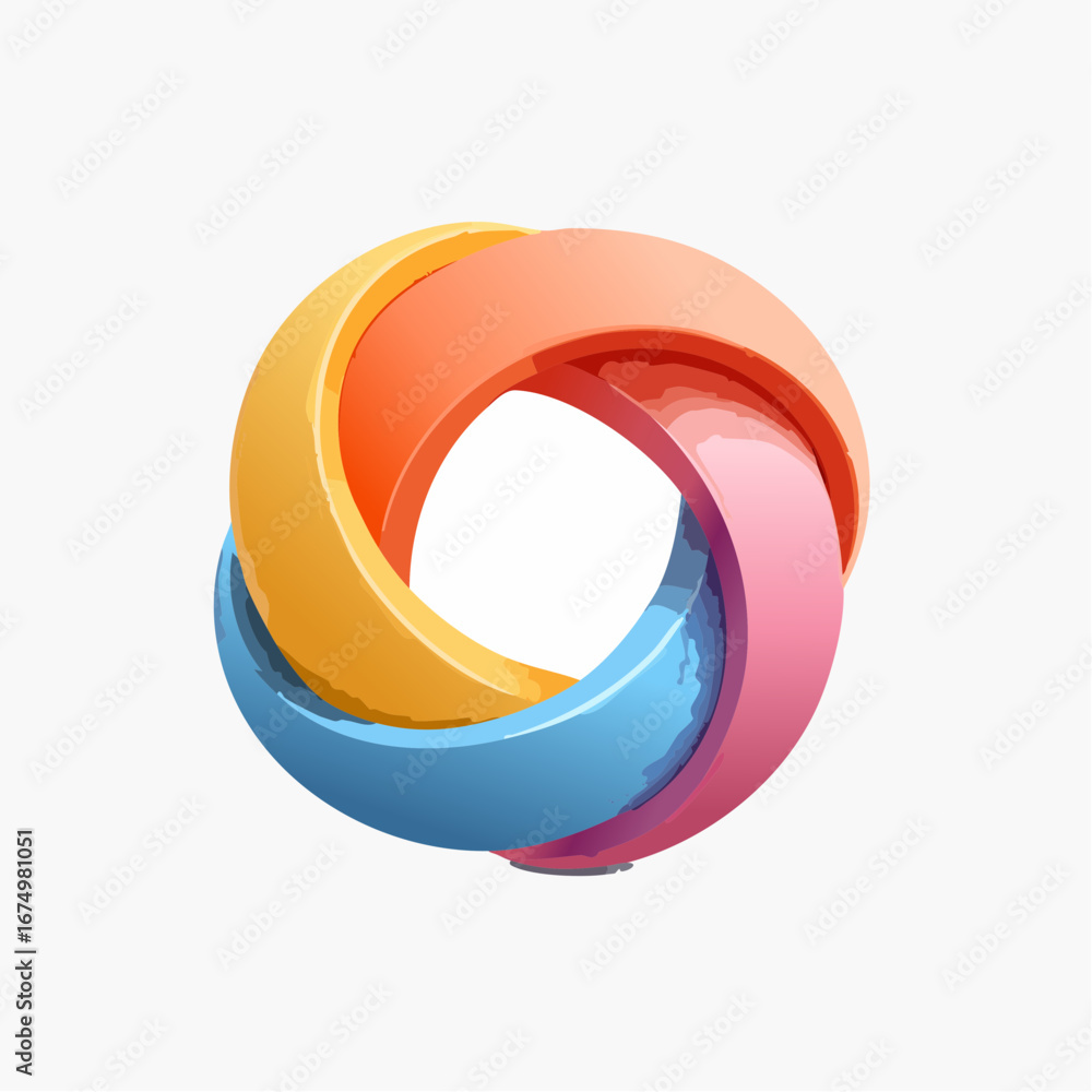 Poster interlocking ring structure with orange, yellow, blue, and pink segments, creating a continuous loop