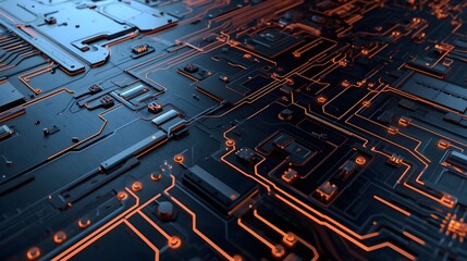 Close-up of futuristic glowing circuit board with orange neon lines, symbolizing advanced technology, digital systems, data flow, and artificial intelligence