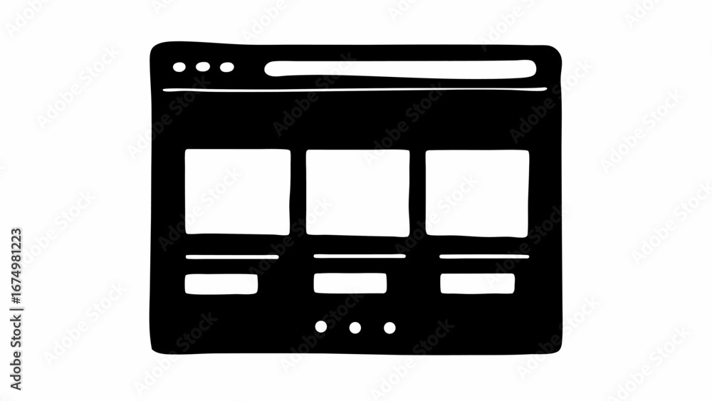 Poster black and white sketch of a website interface with three image placeholders and a search bar at top 