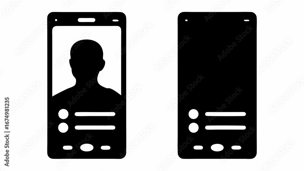 Poster two smartphone interfaces showing a profile and a blank screen in black and white simple design silh