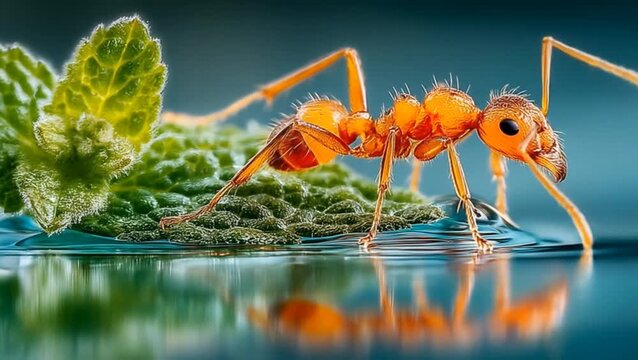 Close-up macro shot of orange ant walking across wet surface beside green mint leaf, natural reflection visible in clear water, detailed textures of insect legs and body under cinematic light.