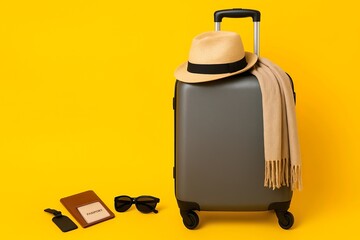 Obraz premium Travel Suitcase with Hat and Sunglasses on Yellow Background