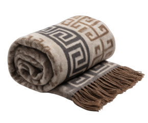 Rolled taupe and gray patterned throw with fringe