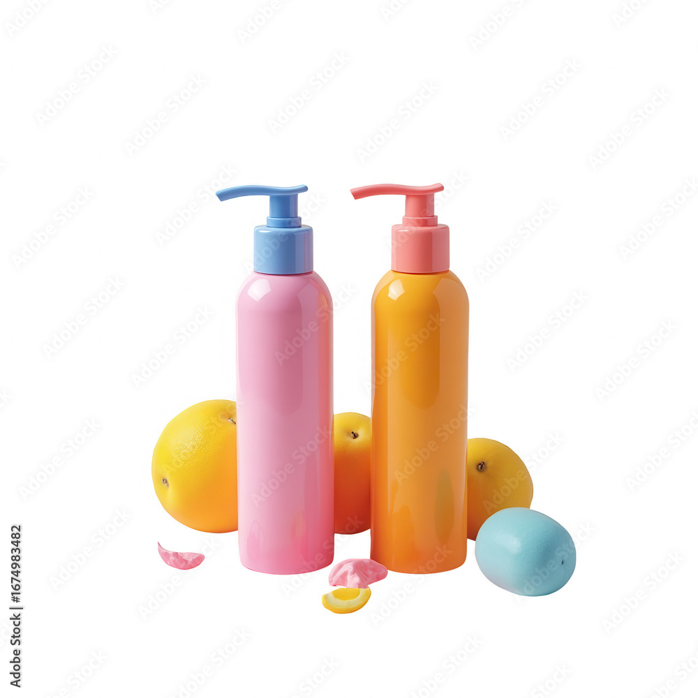 Poster two vibrant plastic bottles of lotion or soap, presented with fresh oranges and colorful accents, cr