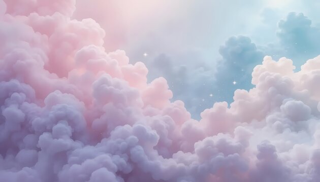 Dreamy cotton candy clouds with sparkling stars for fantasy concepts and whimsical designs in pastel hues - Powered by Adobe