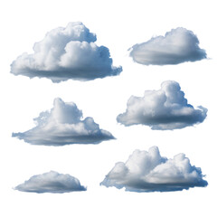 Collection of fluffy cumulus clouds isolated on transparent background, representing weather and atmosphere