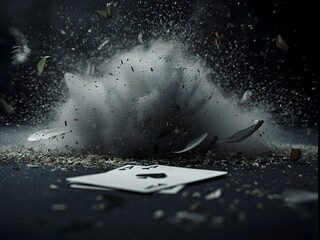 A dramatic moment frozen in time showing an intense explosion, with smoke, dust, and debris scattering violently in every direction, all illuminated against a dark atmospheric background.