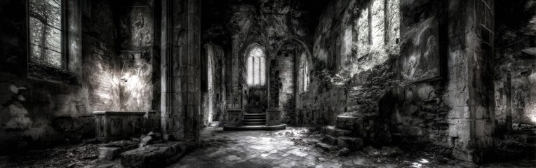 Obraz premium Ruined Interior Passageway In Black And White