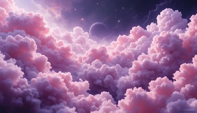 Dreamy cotton candy clouds drift beneath a majestic moon in a vibrant galaxy far away tonight