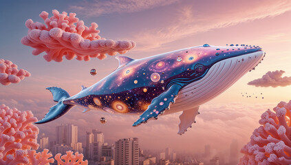 Surreal glass whale floating in a coral sky, blending fantasy nature with dreamlike abstract art.