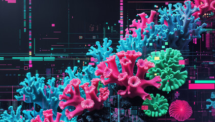 Glitch coral bloom artwork with digital distortion, vibrant abstract colors, and futuristic style.