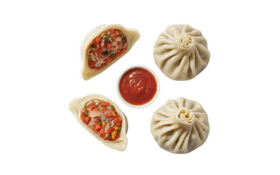 Steamed dumplings with sauce isolated on transparent background, top view
