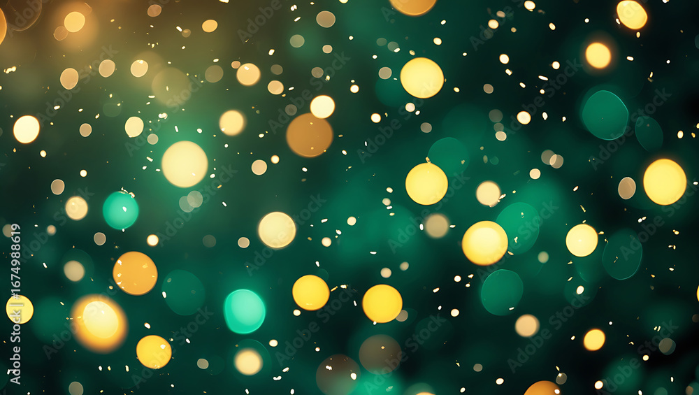 Poster abstract bokeh lights with golden yellow and green orbs and tiny white sparkles on a dark background