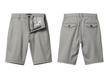 Sophisticated light grey tailored shorts for men, front and back views, showcasing premium fabric and design.