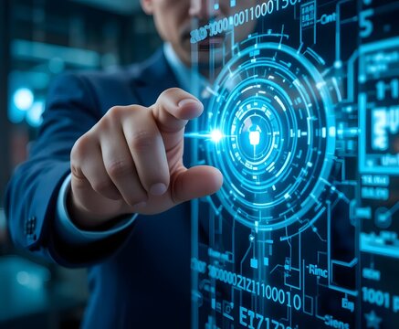 Futuristic data analysis interface with a businessman enhancing digital transformation and technology solutions