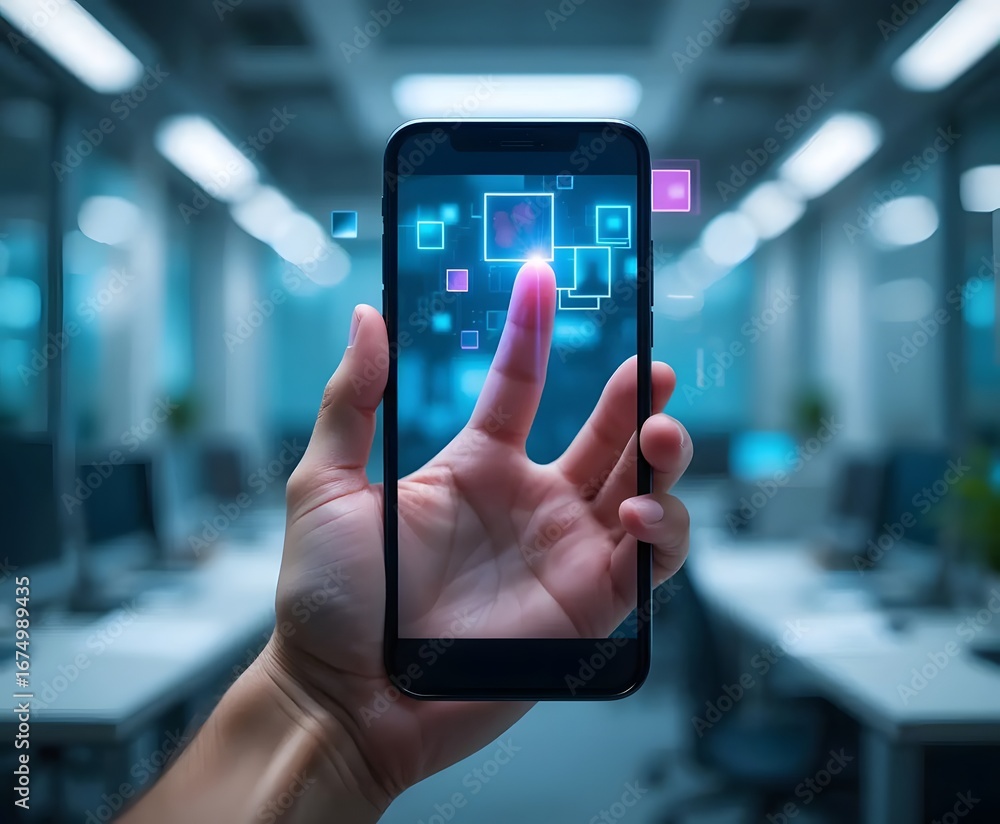 Poster modern tech interface on smartphone for business management in a bright office with data visualizati