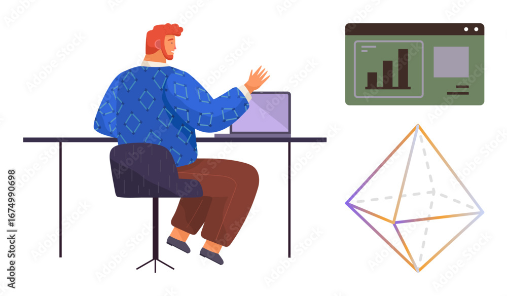 Poster person reviewing graph on computer screen, bar chart window, geometric diagram. ideal for data analy