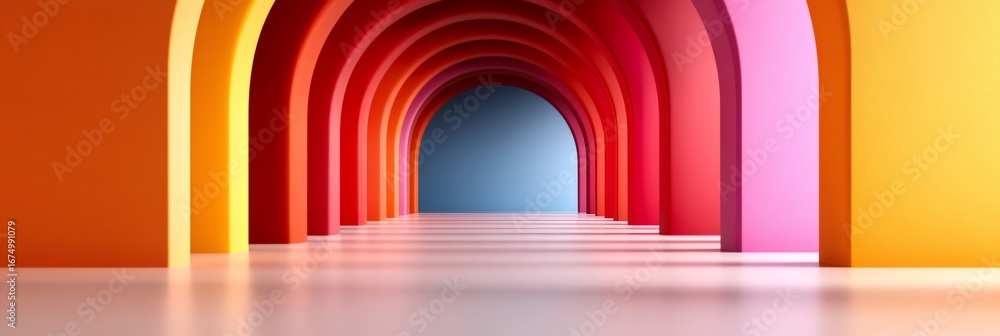 Poster colorful arches creating a tunnel with vibrant gradient effect illuminating empty space