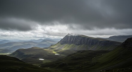 Mountain range under a dramatic, stormy sky.
