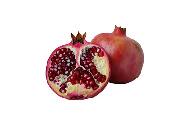 Fresh pomegranate, one halved, isolated on transparent background in studio shot