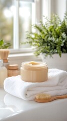 Moisturizing body cream resting on a towel in a bright bathroom