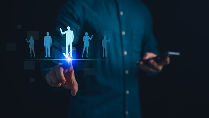 Businessman using digital screen for recruitment and HR selection with candidate profile icons, job application process, talent management, human resources technology and employee hiring concept.