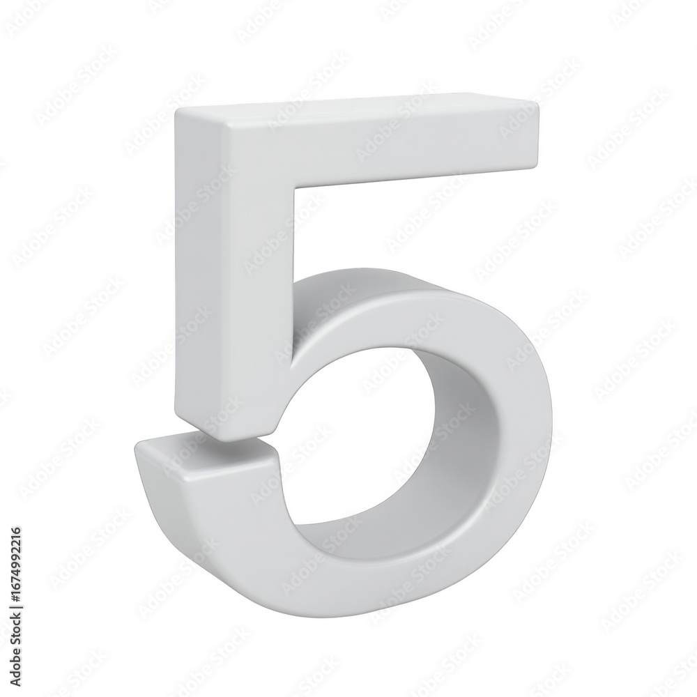 Poster a three-dimensional, stylized rendering of the number five, presented in a clean, modern typeface.