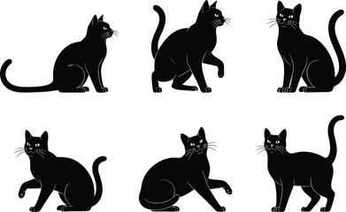 Stylized black cat vector set, feline silhouettes with white accents, sitting, walking, crouching poses, pet clipart, animal illustration, side profile design